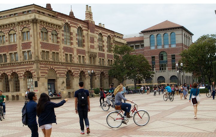 Students on campus riding bikes.